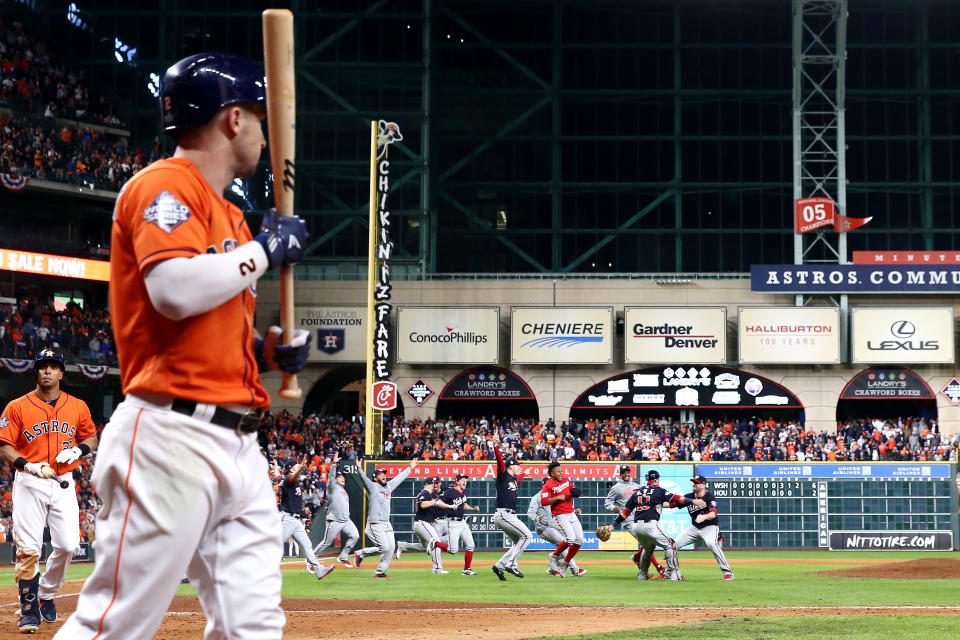 HOUSTON, TEXAS - OCTOBER 30: The Washington Nationals celebrate after defeating the Houston Astros in Game Seven to win the 2019 World Series at Minute Maid Park on October 30, 2019 in Houston, Texas. The Washington Nationals defeated the Houston Astros with a score of 6 to 2. (Photo by Elsa/Getty Images)