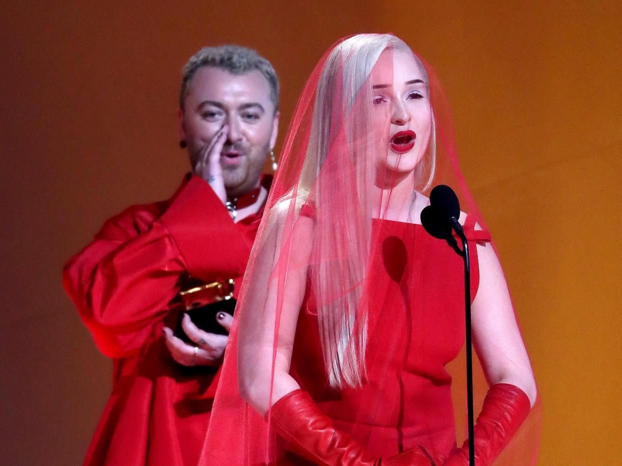 Kim Petras and Sam Smith accept the Best Pop Duo/Group Performance award for “Unholy” onstage during the 65th GRAMMY Awards at Crypto.com Arena on February 05, 2023 in Los Angeles, California.