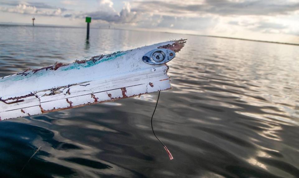 View of a fiberglass piece from the hull of a boat that crashed into the channel marker #15 in the intracoastal Waterway on Biscayne Bay where a tragic fatal accident happened last Sunday September 4th, killing Miami-Dade County high school senior Luciana Lucy Fernandez and sending 14 people into the water. on Thursday September 08, 2022.