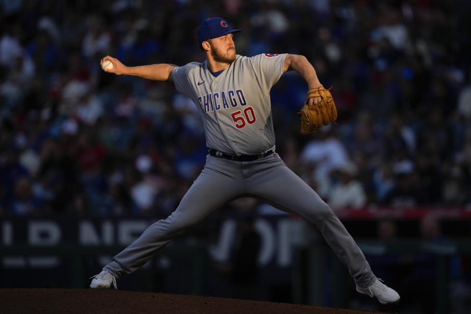 Chicago Cubs starting pitcher Jameson Taillon (50) throws during the third inning of a baseball game in Anaheim, Calif., Wednesday, June 7, 2023. (AP Photo/Ashley Landis)