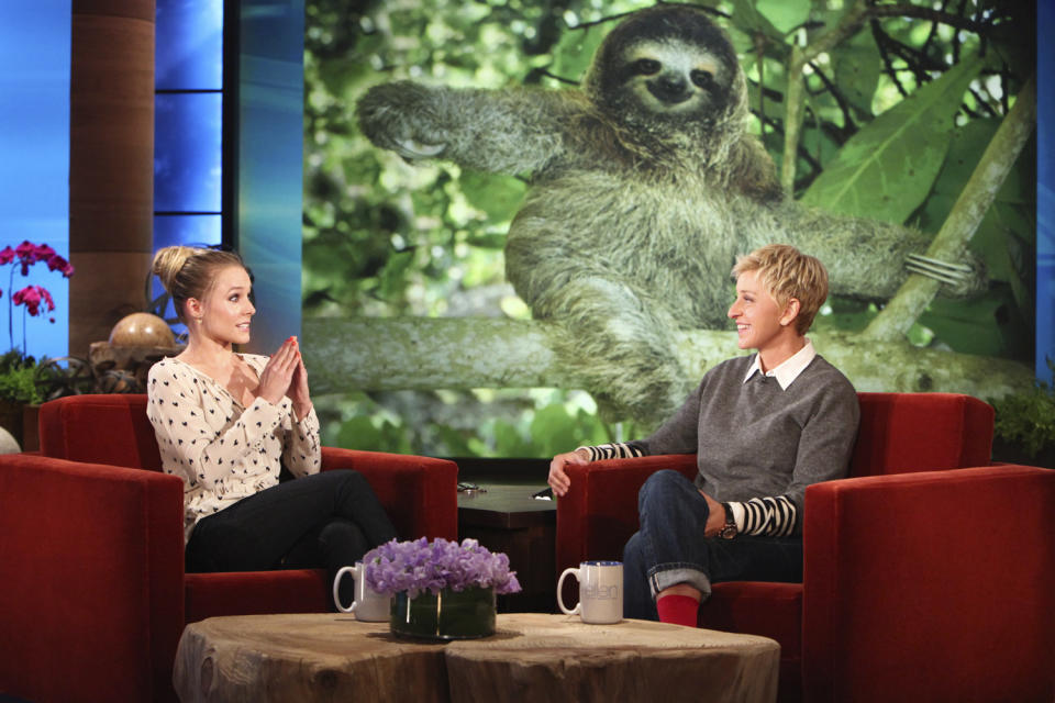 <p>Kristen Bell got emotional regaling viewers about meeting a sloth. "She loves sloths so much she would cry at the thought of one," DeGeneres says. "I have the same reaction when I think about really slow things ... like traffic."</p>