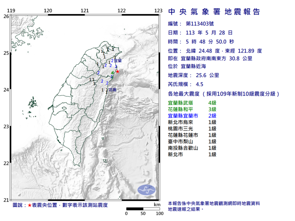 氣象署發布最新地震報告。（圖取自氣象署網頁）