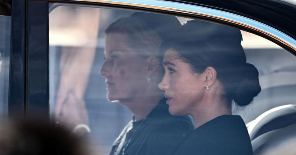 Meghan Markle and Sophie, Countess of Wessex travelling in a black car