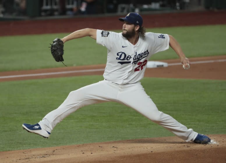 Arlington, Texas, Tuesday, October 20, 2020 Los Angeles Dodgers starting pitcher Clayton Kershaw.