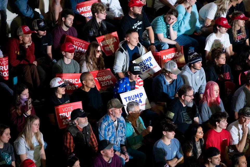 Former U.S. President Donald Trump appeared on Saturday afternoon for a “Get out the Vote” rally at the HTC Center at Coastal Carolina University in Conway, S.C. where he spoke for over and hour and a half. The HTC center held 3,000 supporters but Trump spoke to an “overflow” crowd lined up outside at his arrival. Saturday, February 10, 2024. Feb. 10, 2024.