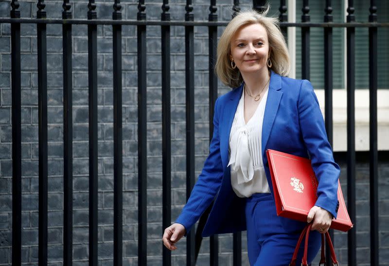 FILE PHOTO: Britain's Secretary of State of International Trade and Minister for Women and Equalities Liz Truss is seen outside Downing Street, in London, Britain