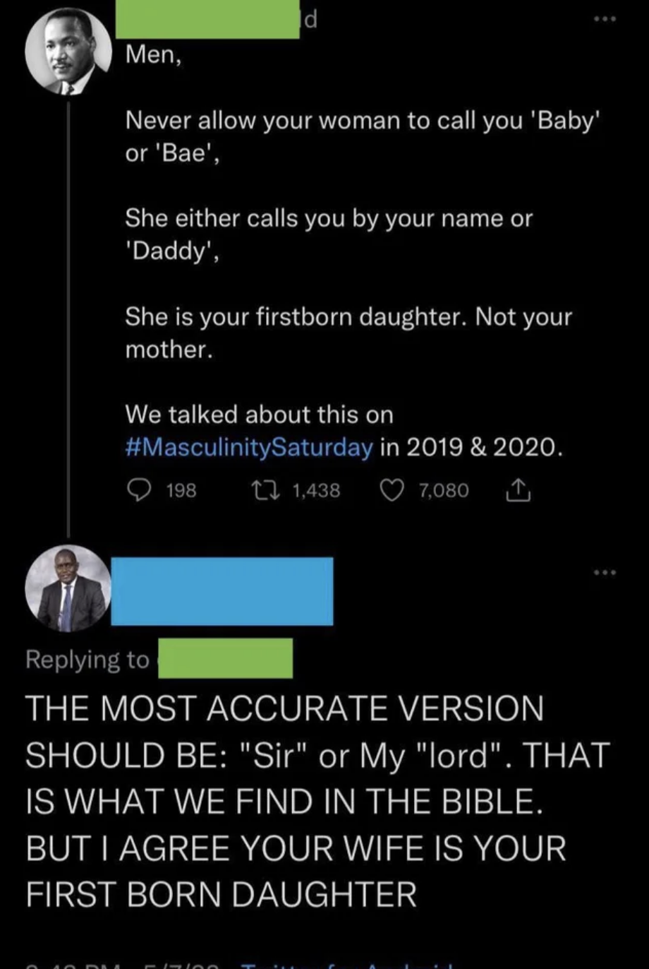 A man saying women should call their boyfriends, "Daddy" or "Sir"