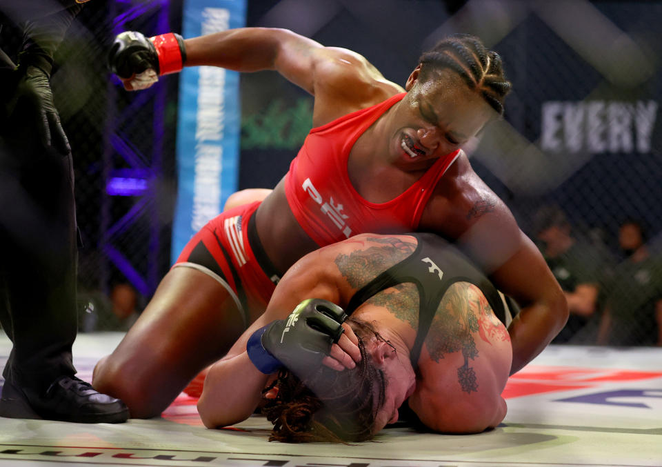 ATLANTIC CITY, NEW JERSEY - JUNE 10: Claressa Shields of the United States punches Brittney Elkin of the United States during the third round of their lightweight bout in Ovation Hall at Ocean Casino Resort on June 10, 2021 in Atlantic City, New Jersey. (Photo by Elsa/Getty Images)