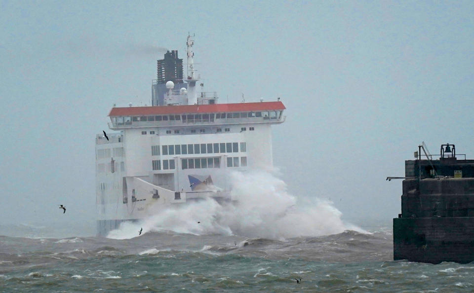 The P&O Pride of Kent ferry is hit by waves as it arrives at the Port of Dover in Kent during strong winds. Picture date: Friday March 31, 2023. (Photo by Gareth Fuller/PA Images via Getty Images)