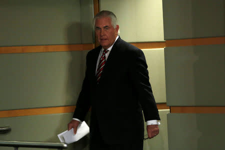 U.S. Secretary of State Rex Tillerson arrives at a press briefing at the State Department in Washington, U.S., August 22, 2017. REUTERS/Yuri Gripas