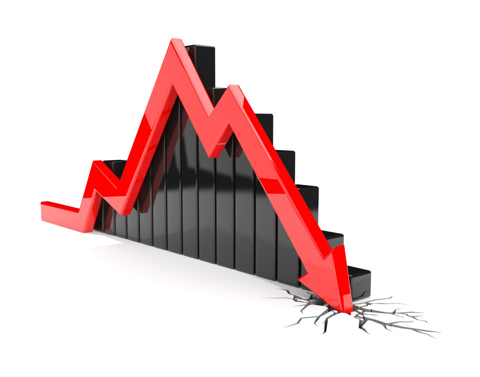 Stock chart with red arrow and black bars going up first, then down