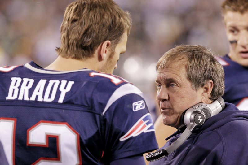 Former New England Patriots quarterback Tom Brady praised former coach Bill Belichick during his team Hall of Fame induction Wednesday in Foxborough, Mass. File Photo by John Angelillo/UPI