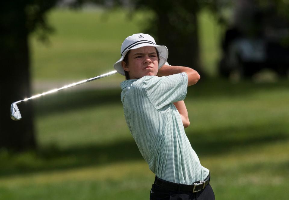 North’s Luke Johnston tees off at hole 8 during the IHSAA boys golf sectional at Helfrich Hills Golf Course in Evansville, Ind., Thursday, June 2, 2022. 