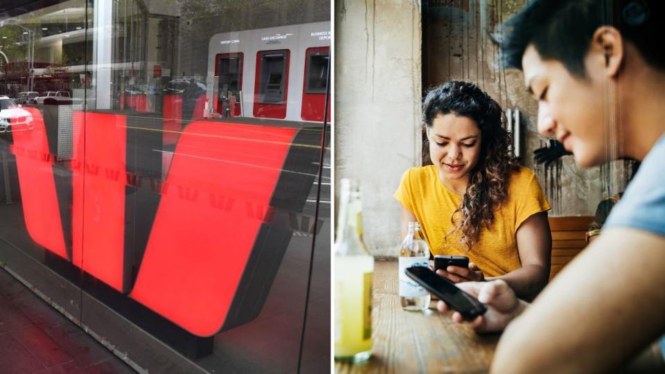 Westpac logo in store, woman and man on phones in cafe. 