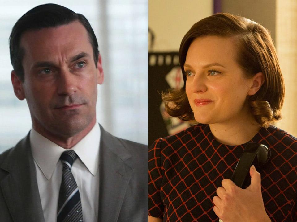 Jon Hamm as Don Draper and Elizabeth Moss as Peggy Olson.