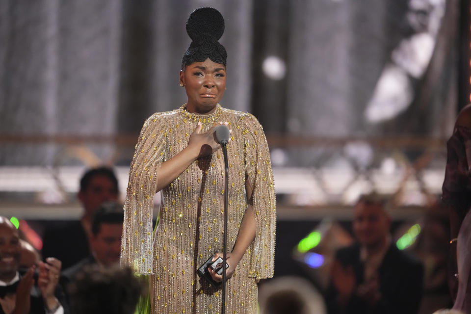 Joaquina Kalukango accepts the award for best leading actress in a musical for "Paradise Square" at the 75th annual Tony Awards on Sunday, June 12, 2022, at Radio City Music Hall in New York. (Photo by Charles Sykes/Invision/AP)