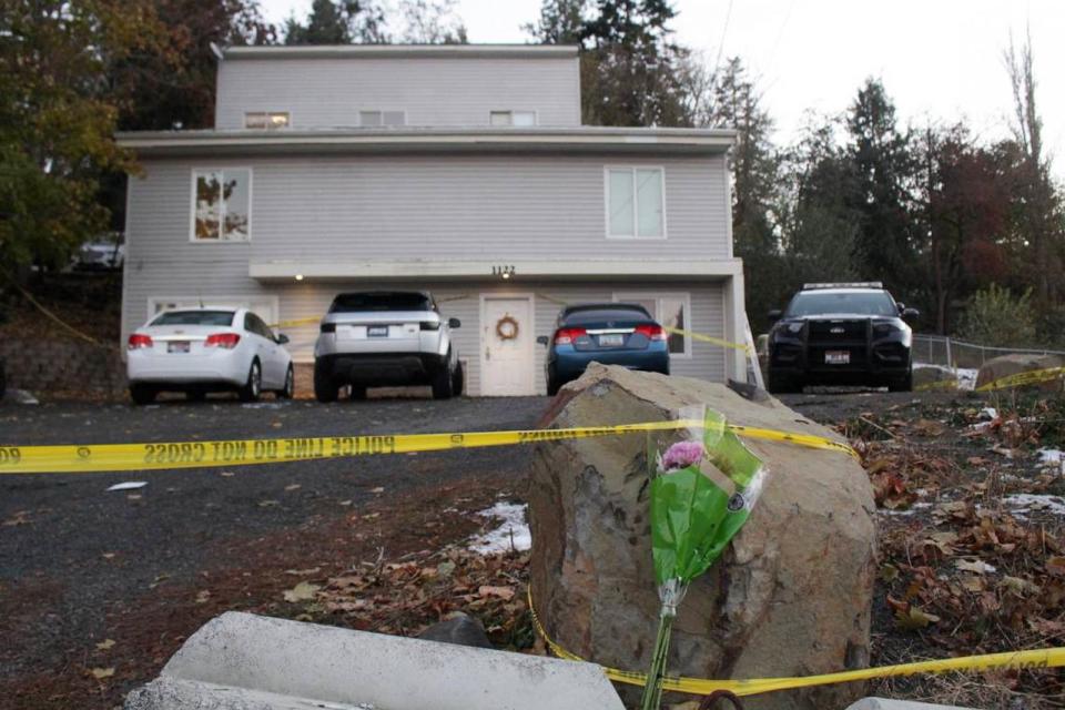 PHOTO: In this Nov. 16, 2022, file photo, flowers were left at the house where four University of Idaho students were found dead, in Moscow, Idaho. (Idaho Statesman/TNS via Getty Images, FILE)