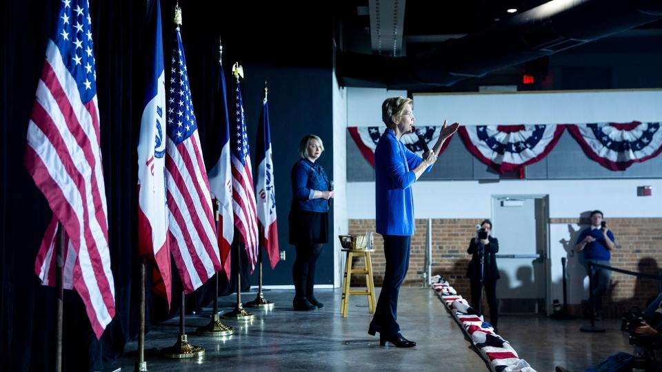 Sen. Elizabeth Warren, D-Mass., speaks in the Veterans Memorial Building in downtown Cedar Rapids on Sunday, Feb. 10, 2019, the day after announcing her run for president.