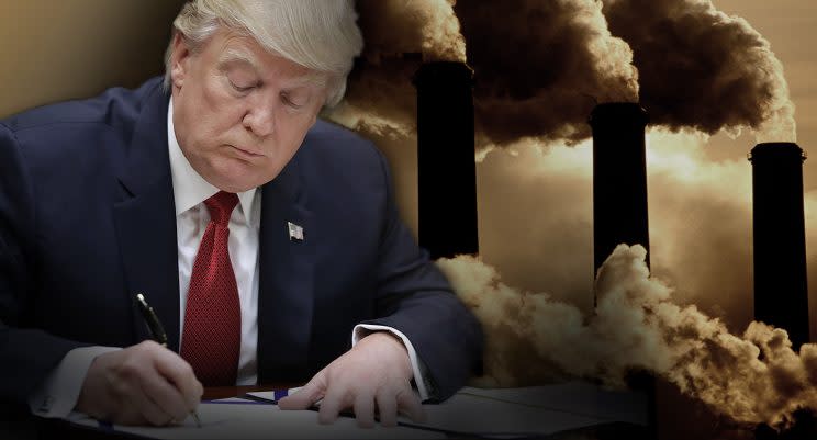 A photo illustration of President Trump and a set of smokestacks