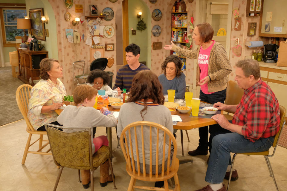 Roseanne's sister, Jackie (Laurie Metcalf), shows up in a "Nasty Woman" shirt on the "Roseanne" Season 10 premiere. (Photo: ABC)