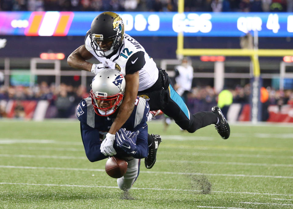 <p>New England Patriots cornerback Stephon Gilmore (24) breaks up a pass intended for Jacksonville Jaguars wide receiver Shane Wynn (14) during the fourth quarter in the AFC Championship Game at Gillette Stadium. Mandatory Credit: Mark J. Rebilas-USA TODAY Sports </p>