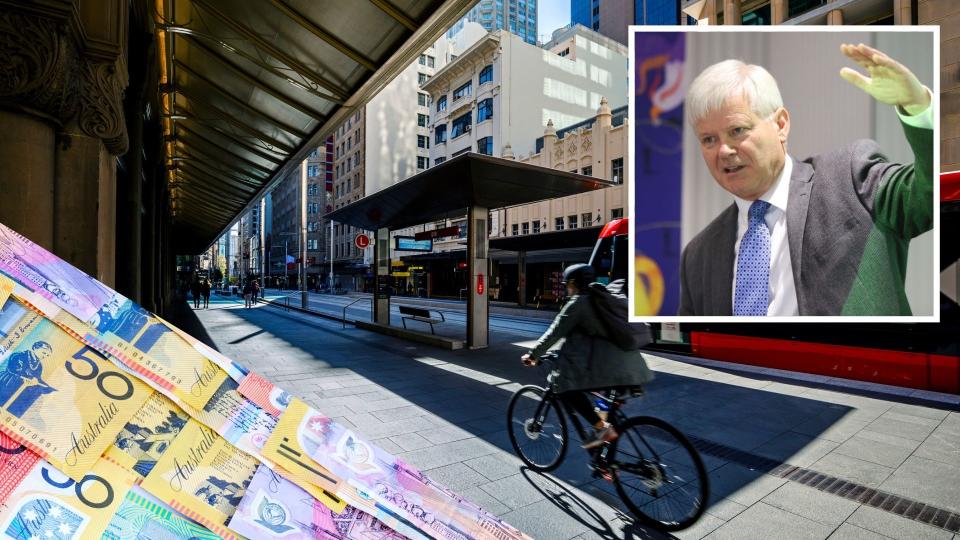 Pictured: Australian cash, Australian street with man on bike, economist Chris Richardson. Images: Getty