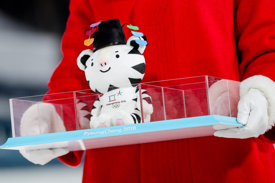 A plush toy of the PyeongChang 2018 Winter Olympic Games mascot Soohorang at a flower ceremony for the ladies' cross-country skiing individual sprint classic event during the 2018 Winter Olympic Games, at the Alpensia Cross-Country Skiing Centre