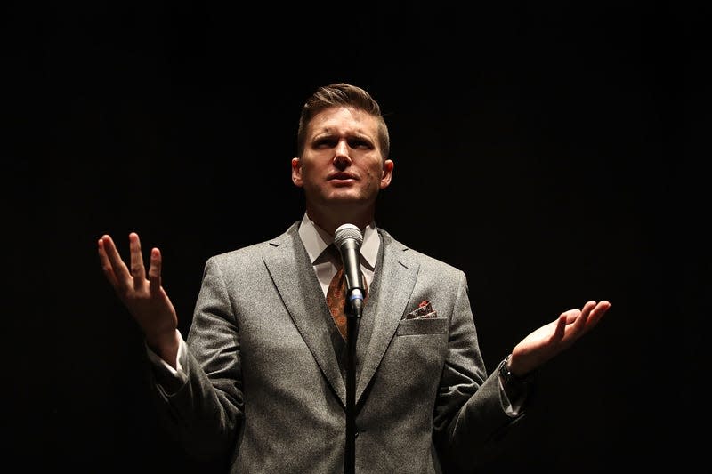 GAINESVILLE, FL - OCTOBER 19: White nationalist Richard Spencer, who popularized the term “alt-right” speaks during a press conference at the Curtis M. Phillips Center for the Performing Arts on October 19, 2017 in Gainesville, Florida. Spencer delivered a speech on the college campus, his first since he and others participated in the “Unite the Right” rally, which turned violent in Charlottesville, Virginia. 