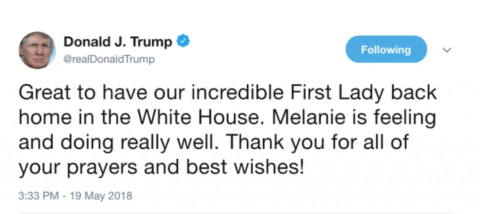 After Melania Trump returned home from the hospital, Donald Trump congratulated Melanie on her recovery