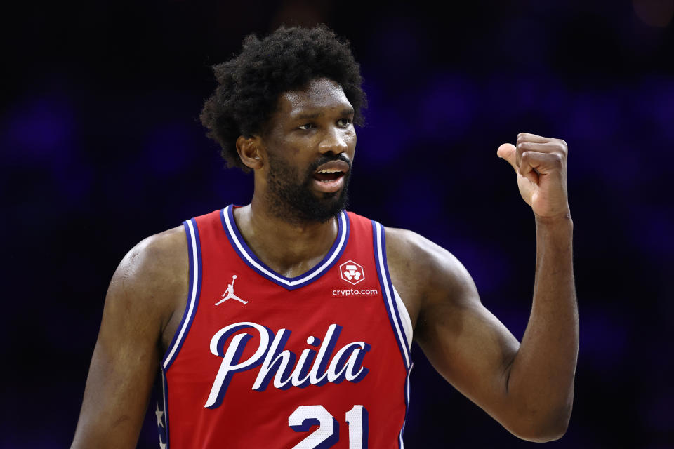 PHILADELPHIA, PENNSYLVANIA – APRIL 28: Joel Embiid #21 of the Philadelphia 76ers reacts during the fourth quarter against the New York Knicks in game four of the first round of the Eastern Conference playoffs at the Wells Fargo Center on April 28, 2024 in Philadelphia, Pennsylvania. (Photo by Tim Nwachukwu/Getty Images)