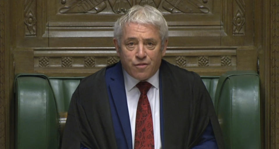 Speaker of the House of Commons John Bercow calls the house to order before Prime Minister Boris Johnson delivers a statement to lawmakers inside the House of Commons in London Saturday Oct. 19, 2019. At a rare weekend sitting of Parliament, Johnson implored legislators to ratify the Brexit deal he struck this week with the other 27 EU leaders. (House of Commons via AP)