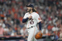 Houston Astros starting pitcher Lance McCullers Jr. reacts after he got Chicago White Sox's Adam Engel to ground out to end the top of the fifth inning in Game 1 of a baseball American League Division Series Thursday, Oct. 7, 2021, in Houston. (AP Photo/David J. Phillip)