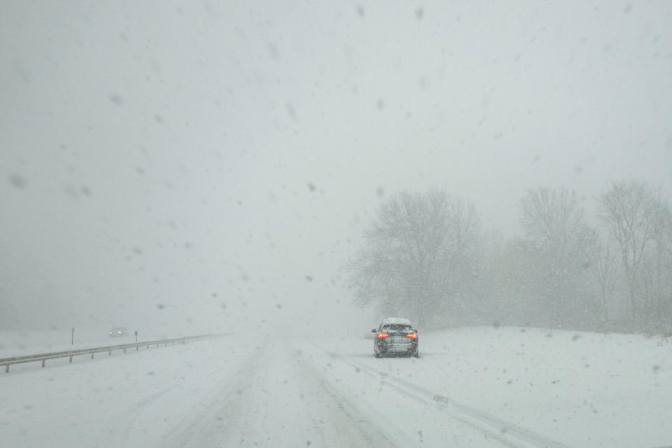 A vehicle pulls over along I-190 during a snowstorm hitting the Buffalo, N.Y., area in November.