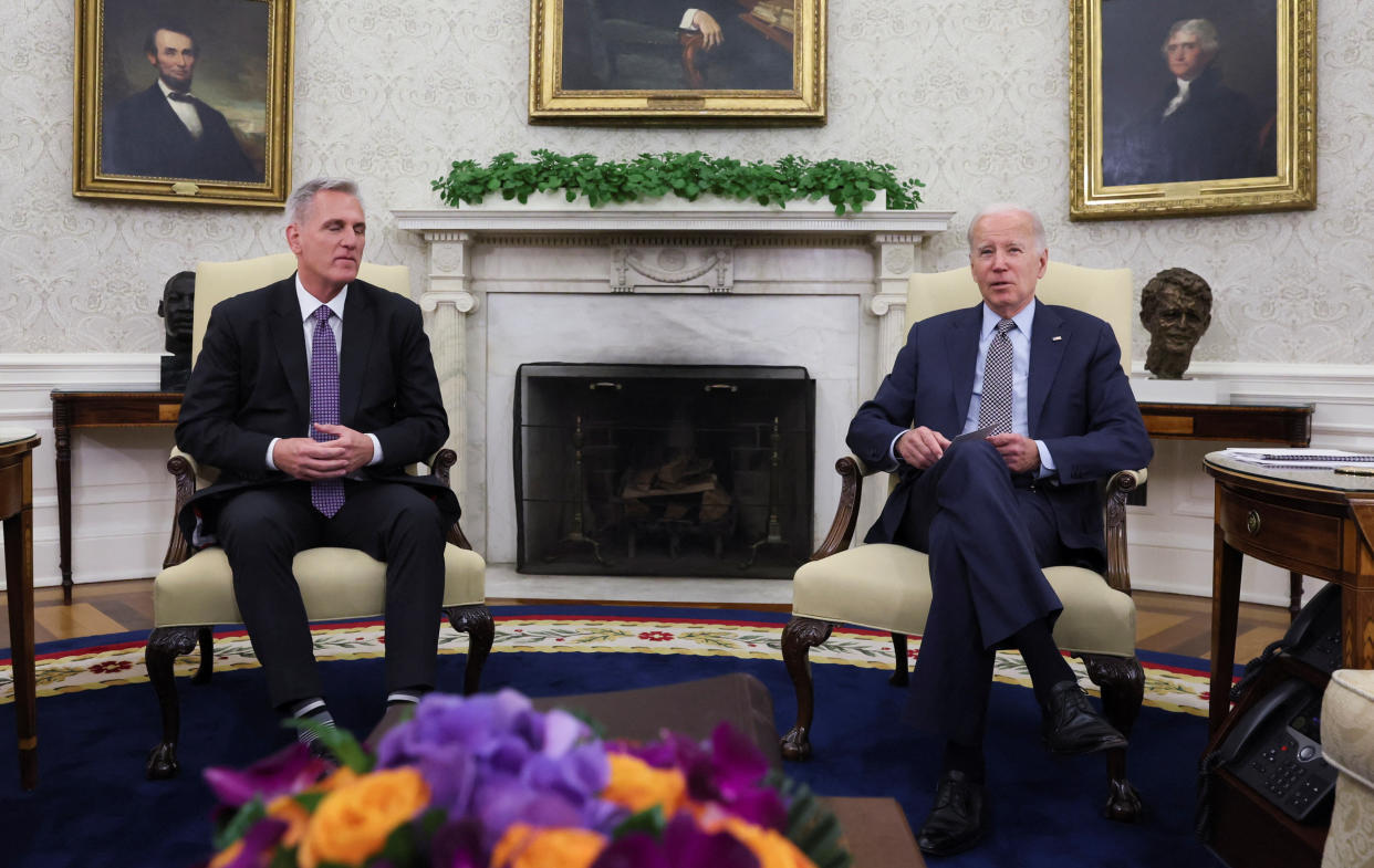 FTSE 100 House Speaker Kevin McCarthy (R-CA) sits for debt limit talks with U.S. President Joe Biden in the Oval Office at the White House in Washington, U.S., May 22, 2023. REUTERS/Leah Millis