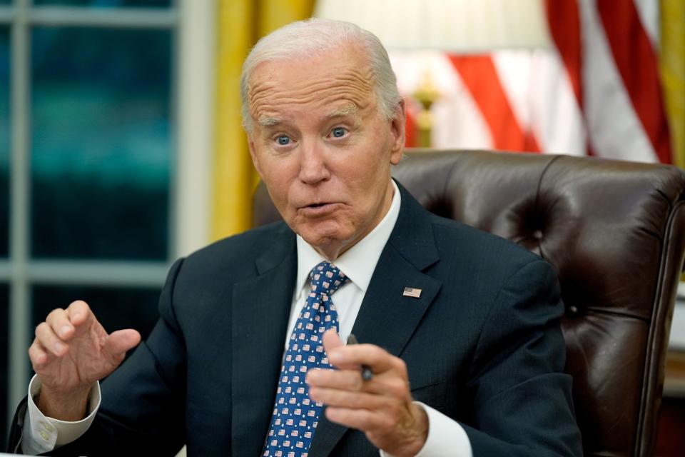 President Joe Biden speaks about his administration's efforts to aid in recovery from the aftermath of Hurricane Helene from the Oval Office of the White House in Washington, Monday, Sept. 30, 2024. (AP Photo/Mark Schiefelbein) (AP)