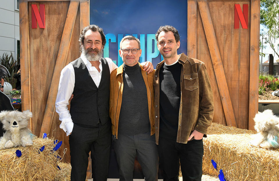 (L-R) Demián Bichir, Christian Slater, and Jonás Cuarón attend Netflix's "Chupa" Premiere at Netflix Tudum Theater on March 26, 2023 in Los Angeles, California.