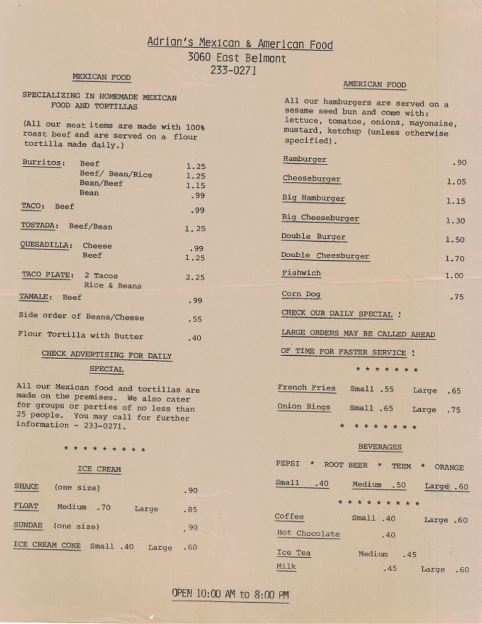 Copy of the original Adrian’s menu, featuring 99 cent bean burritos.