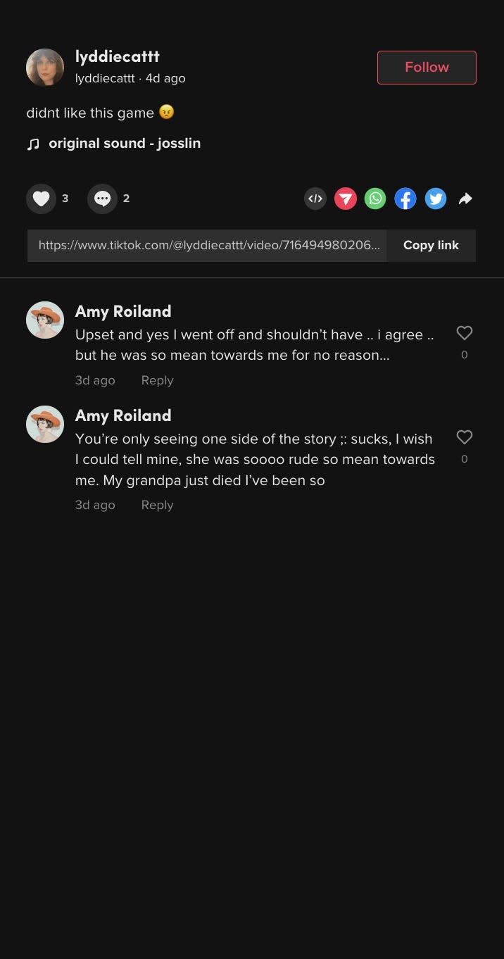 a screenshot Insider took of the TikToker's video comments, showing comments left by Roiland's account.