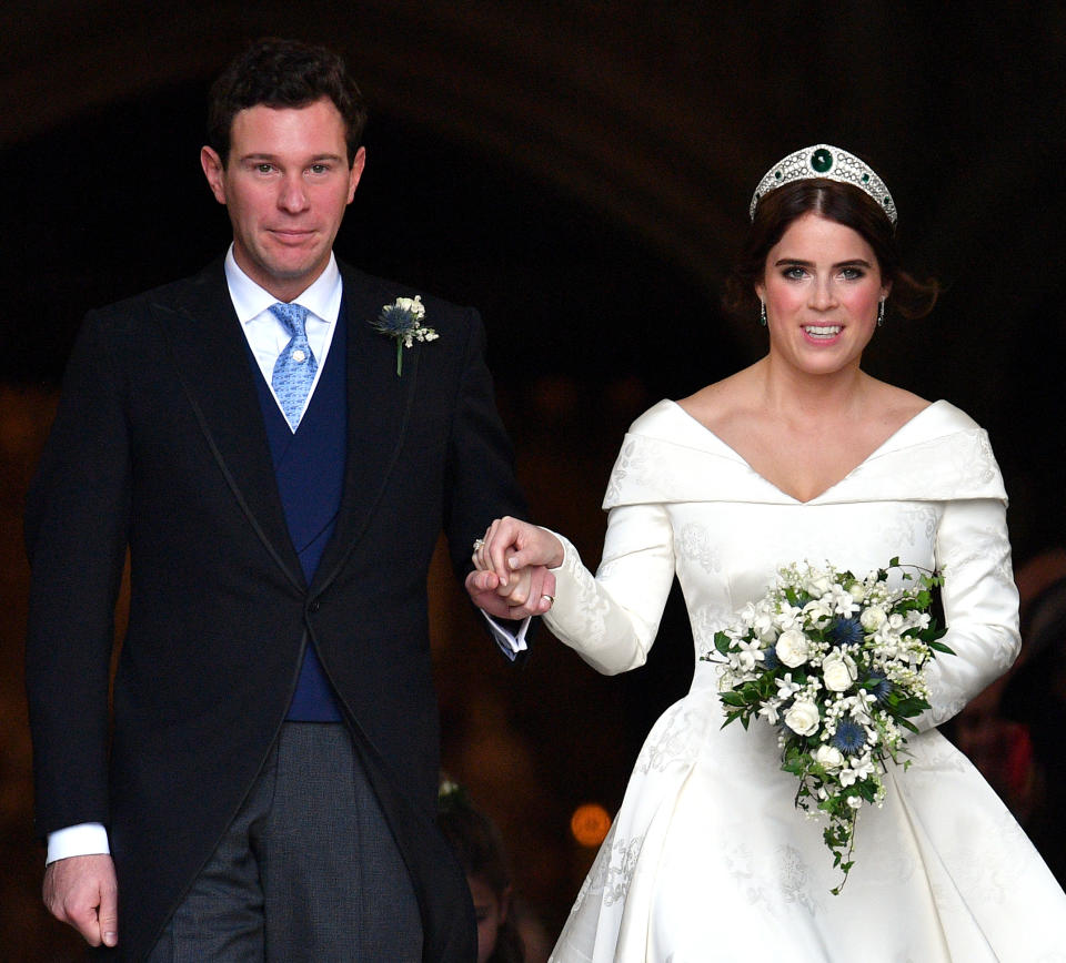 WINDSOR, UNITED KINGDOM - OCTOBER 12: (EMBARGOED FOR PUBLICATION IN UK NEWSPAPERS UNTIL 24 HOURS AFTER CREATE DATE AND TIME) Jack Brooksbank and Princess Eugenie leave St George's Chapel after their wedding ceremony on October 12, 2018 in Windsor, England. (Photo by Pool/Max Mumby/Getty Images)