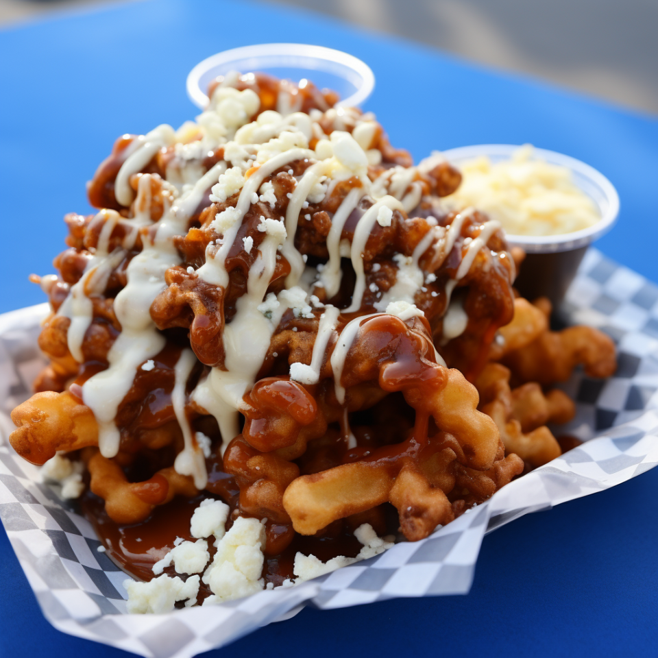 Traditional funnel cake batter infused with blue cheese crumbles and shredded buffalo meat, fried until golden, then drizzled with hot sauce and ranch dressing.Would you eat this or nah? Vote here.