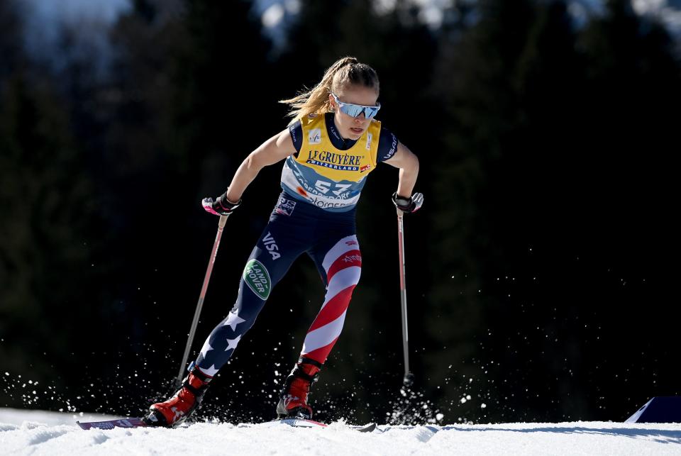 OBERSTDORF, GERMANY - MARCH 02: Sophia Laukli of United States competes during the Women's Cross Country 10 km F at the FIS Nordic World Ski Championships Oberstdorf at Cross-Country Stadium Ried on March 02, 2021 in Oberstdorf, Germany. (Photo by Matthias Hangst/Getty Images)