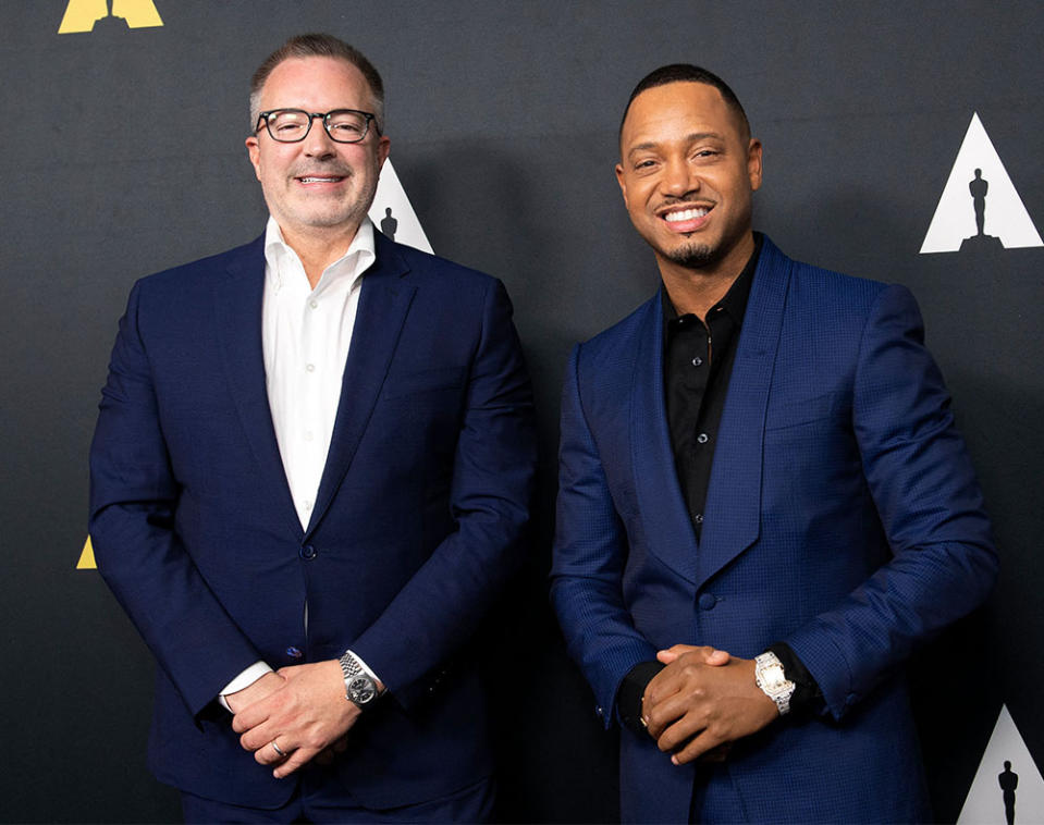 Academy of Motion Picture Arts and Sciences CEO Bill Kramer (L) and host US actor Terrence J attend the 49th Student Academy Awards at the Academy Museum of Motion Pictures in Los Angeles, California, on October 20, 2022.