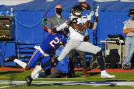 Seattle Seahawks' DK Metcalf (14) catches a pass in front of Buffalo Bills' Tre'Davious White (27) during the first half of an NFL football game Sunday, Nov. 8, 2020, in Orchard Park, N.Y. (AP Photo/Jeffrey T. Barnes)