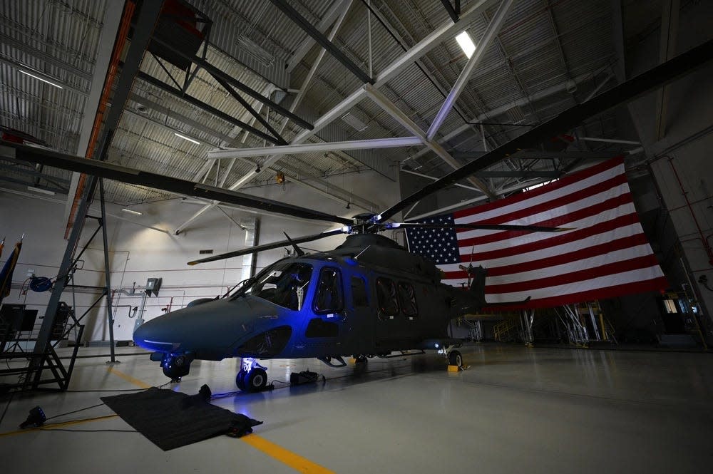 An MH-139A Grey Wolf is displayed in a hangar March 9, 2024, at Malmstrom Air Force Base, Mont. The Grey Wolf, which will replace Malmstrom AFB’s fleet of Vietnam-era UH-1N Hueys, provides the ability to cruise 50% faster and farther than the Huey, while also having a 30% larger cabin and capability to lift 5,000 pounds more.