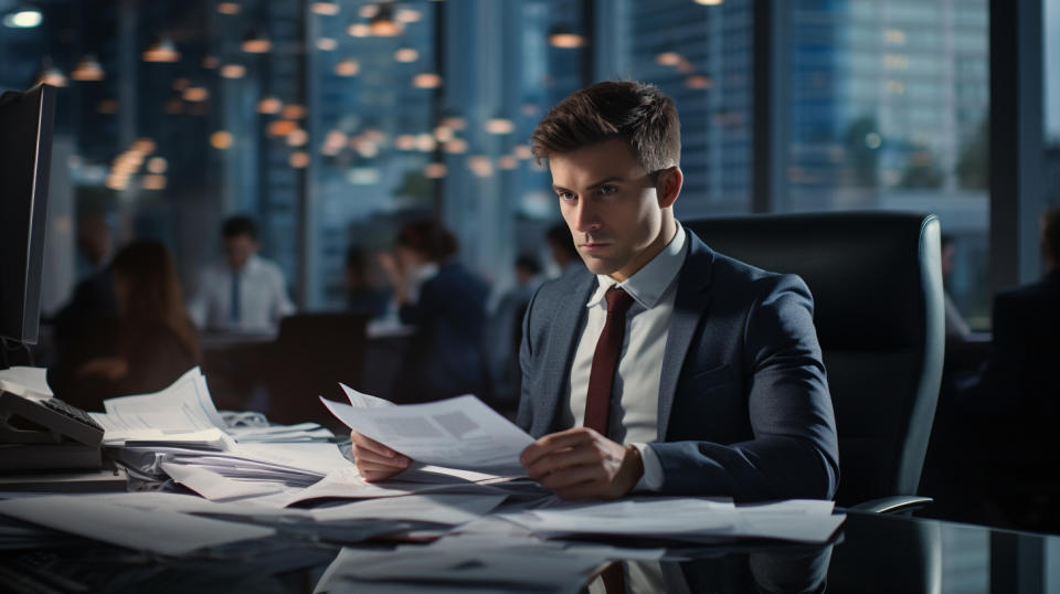A business executive in a suit working at their desk, surrounded by a busy office environment.