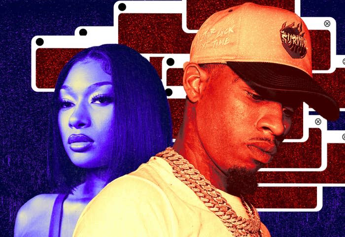 Tory Lanez in a red gradient. Megan Thee Stallion is in a blue gradient and starts to blend into the background that is the same blue color. Behind Lanez are many media boxes with a red color that makes him look like he's blending into the background.