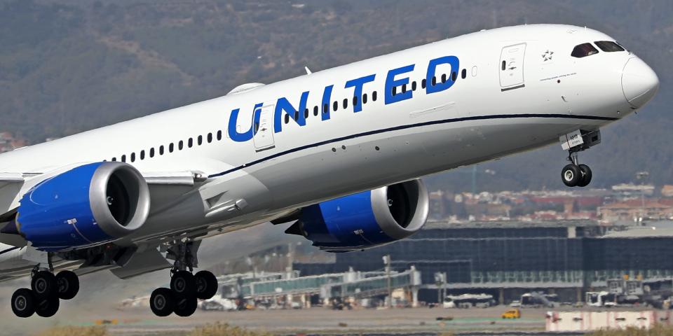 Boeing 787-10 Dreamliner, from United Airlines company, taking off from Barcelona airport, in Barcelona on 28th March 2023.