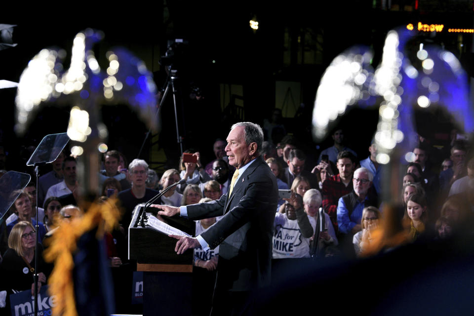 FILE - In this Feb. 4, 2020, file photo, Democratic presidential candidate and former New York City Mayor Michael Bloomberg speaks at a campaign rally at the National Constitution Center in Philadelphia. (Tom Gralish/The Philadelphia Inquirer via AP)