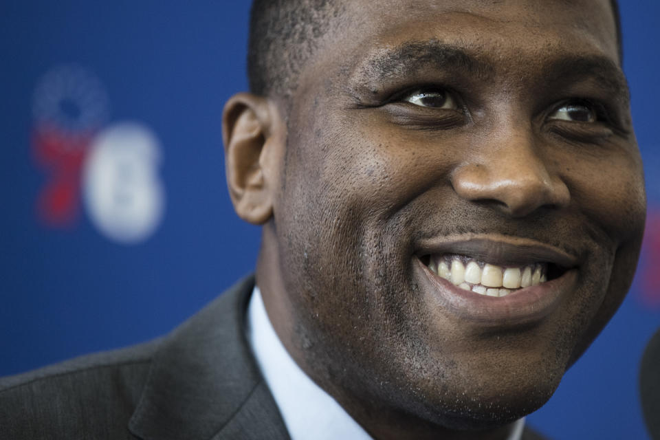 Philadelphia 76ers incoming general manager Elton Brand speaks at the NBA basketball team's practice facility in Camden, N.J., Thursday, Sept. 20, 2018. (AP Photo/Matt Rourke)