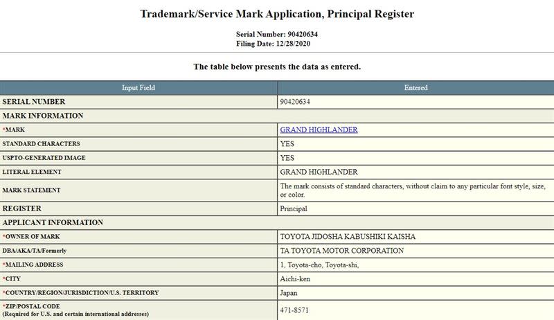 Toyota今年初悄悄註冊Grand Highlander商標。（圖／翻攝自美國專利局官網）